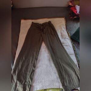 Mason & Belle Olive Green Belted Wide-Leg Linen Pants/Size Small